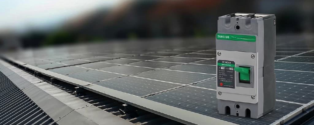 Suntree DC MCCB circuit breaker on a rooftop solar panel array